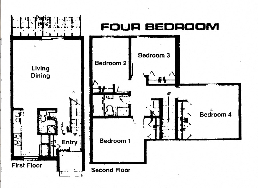 Floor plan for 4 beds, 2 baths, 1142 sqft